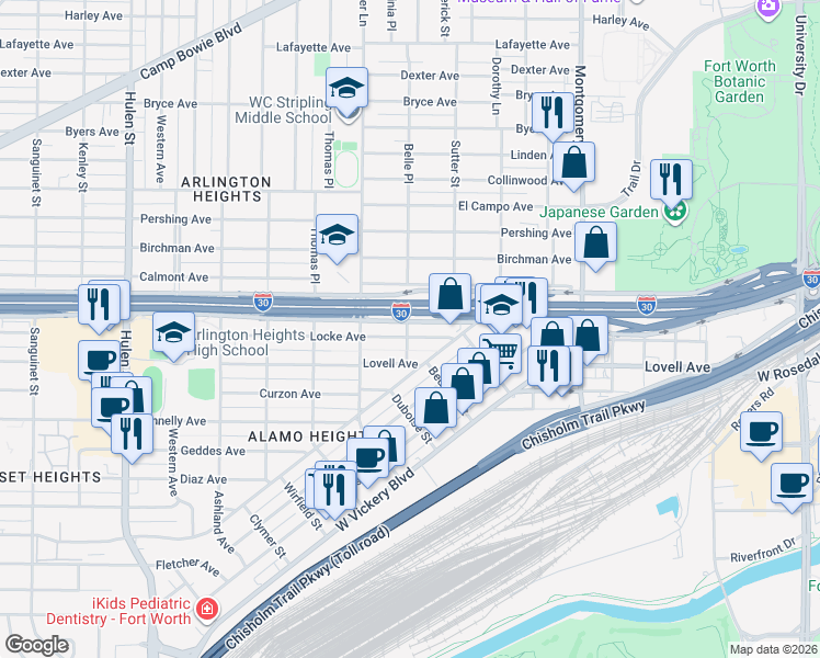 map of restaurants, bars, coffee shops, grocery stores, and more near 4001 Locke Avenue in Fort Worth