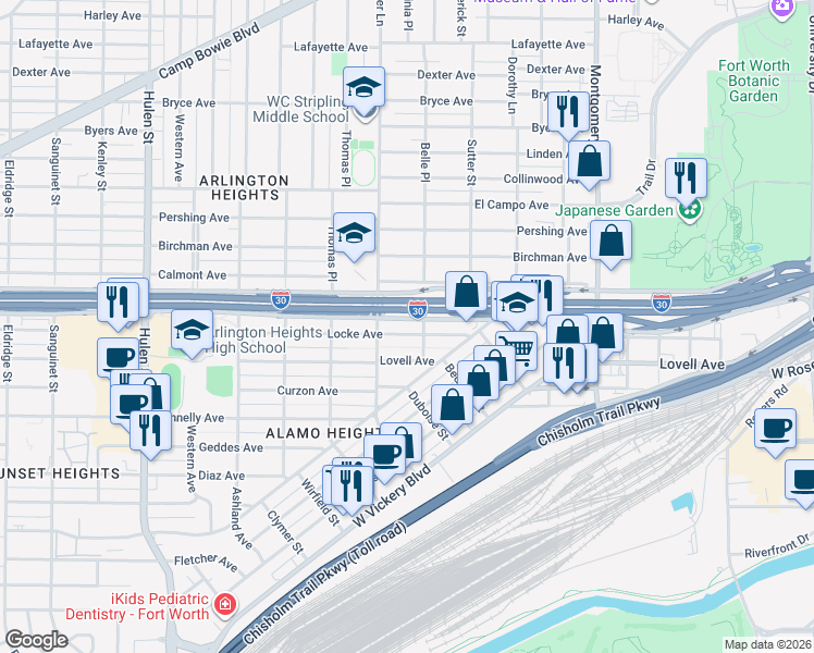 map of restaurants, bars, coffee shops, grocery stores, and more near 4001 Locke Avenue in Fort Worth