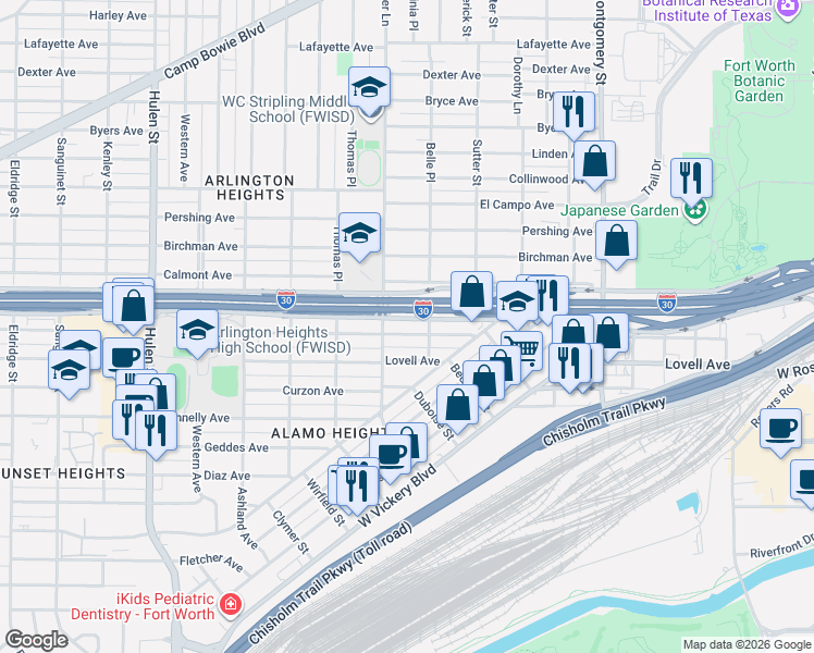 map of restaurants, bars, coffee shops, grocery stores, and more near 4001 Locke Avenue in Fort Worth