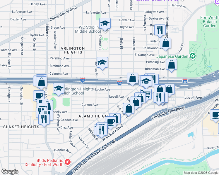 map of restaurants, bars, coffee shops, grocery stores, and more near 2901 Clover Lane in Fort Worth