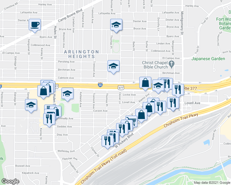 map of restaurants, bars, coffee shops, grocery stores, and more near 4129 Locke Avenue in Fort Worth