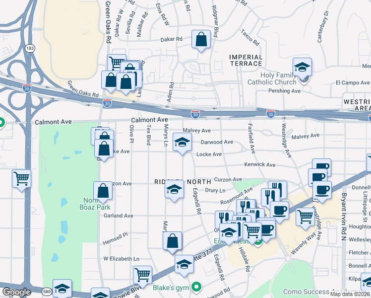 map of restaurants, bars, coffee shops, grocery stores, and more near 6441 Locke Avenue in Fort Worth