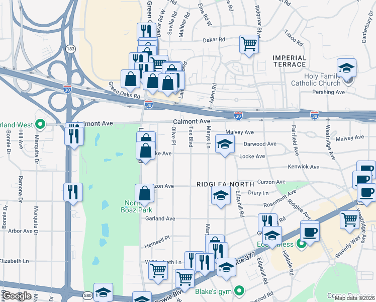 map of restaurants, bars, coffee shops, grocery stores, and more near 3012 Tex Boulevard in Fort Worth