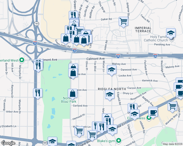 map of restaurants, bars, coffee shops, grocery stores, and more near 3012 Tex Boulevard in Fort Worth