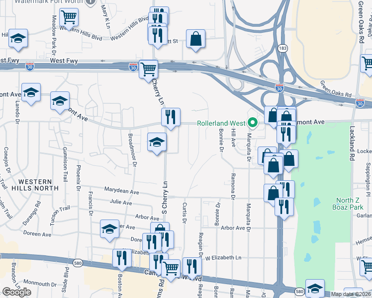 map of restaurants, bars, coffee shops, grocery stores, and more near 3000 Sierra Drive in Fort Worth