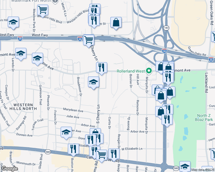 map of restaurants, bars, coffee shops, grocery stores, and more near 3000 Sierra Drive in Fort Worth