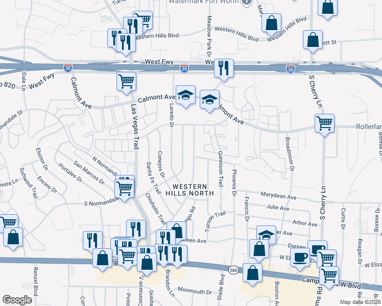 map of restaurants, bars, coffee shops, grocery stores, and more near 3009 Choctaw Trail in Fort Worth