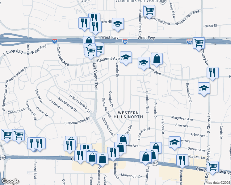 map of restaurants, bars, coffee shops, grocery stores, and more near 3005 Conejos Drive in Fort Worth