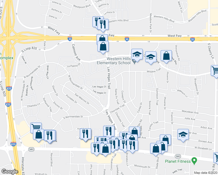 map of restaurants, bars, coffee shops, grocery stores, and more near 8617 Las Vegas Court in Fort Worth