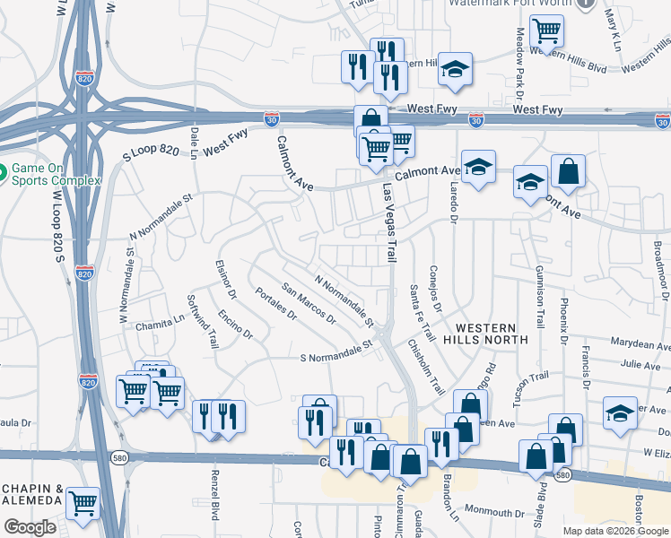map of restaurants, bars, coffee shops, grocery stores, and more near 8685 Las Vegas Court in Fort Worth