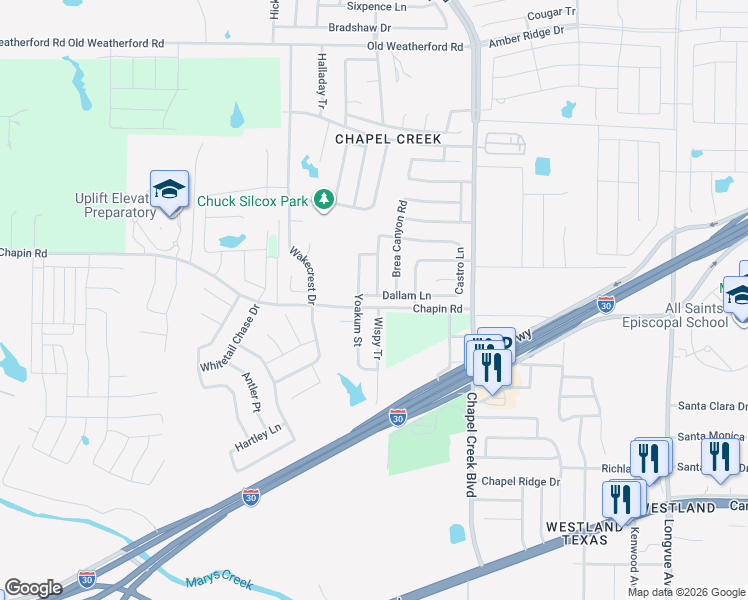 map of restaurants, bars, coffee shops, grocery stores, and more near 2905 Wispy Tr in Fort Worth