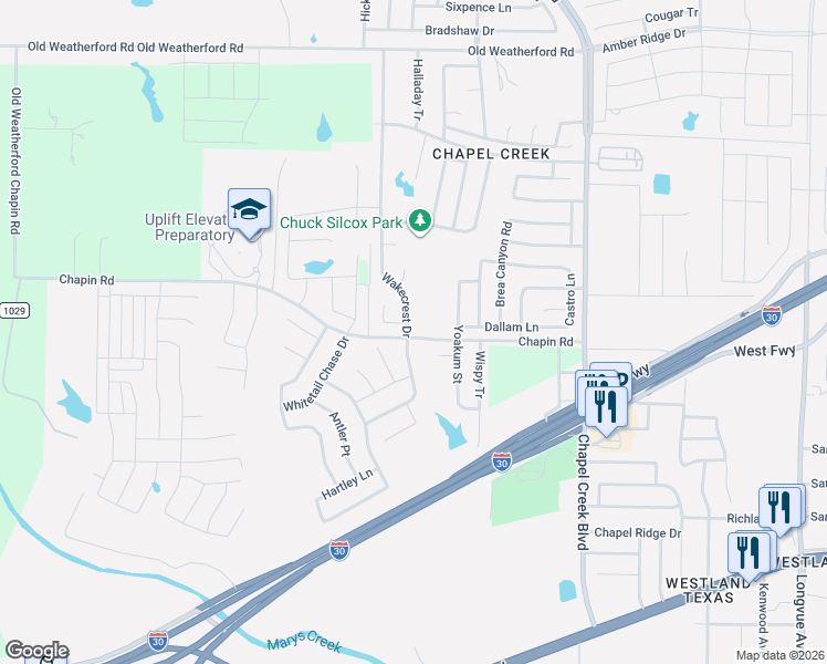 map of restaurants, bars, coffee shops, grocery stores, and more near 10499 Chapin Road in Fort Worth