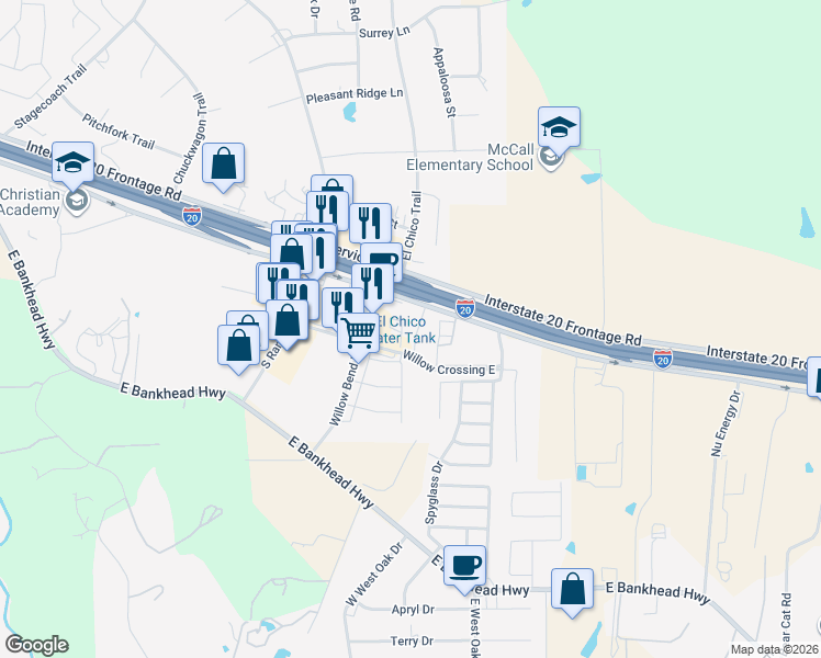 map of restaurants, bars, coffee shops, grocery stores, and more near 5600 Interstate 20 Frontage Road in Willow Park