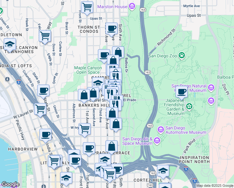 map of restaurants, bars, coffee shops, grocery stores, and more near 2500 Sixth Avenue in San Diego