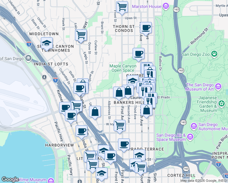 map of restaurants, bars, coffee shops, grocery stores, and more near 2520 Front Street in San Diego