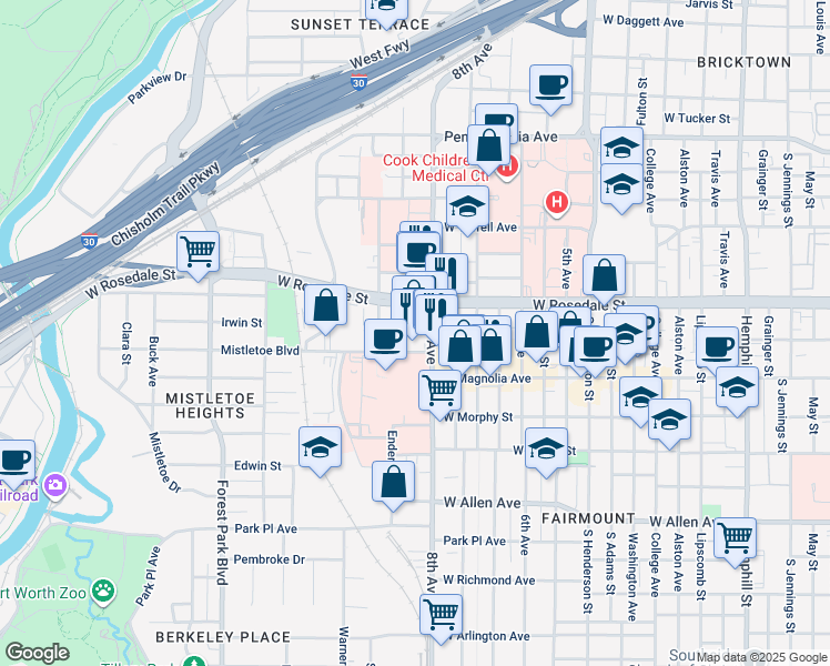 map of restaurants, bars, coffee shops, grocery stores, and more near 1615 West Oleander Street in Fort Worth