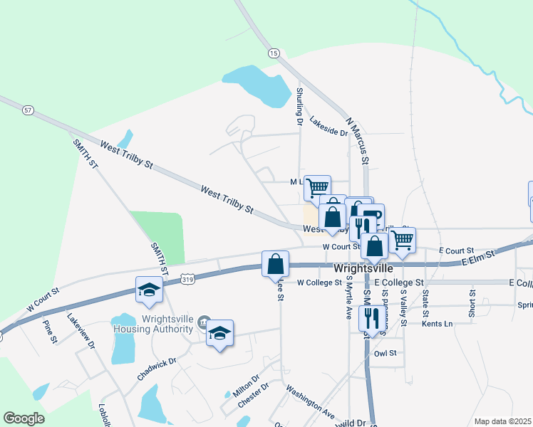 map of restaurants, bars, coffee shops, grocery stores, and more near 304 West Trilby Street in Wrightsville