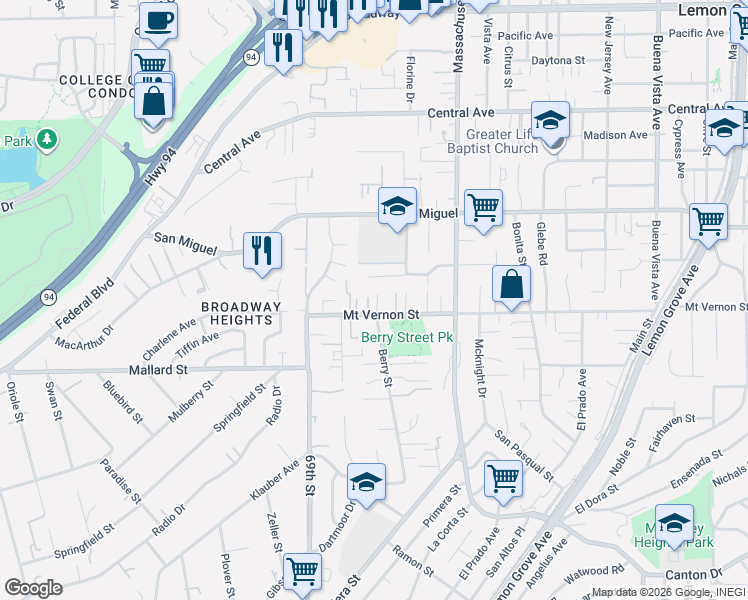 map of restaurants, bars, coffee shops, grocery stores, and more near 7041 Mount Vernon Street in Lemon Grove