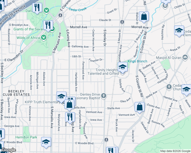 map of restaurants, bars, coffee shops, grocery stores, and more near 1347 Carson Street in Dallas