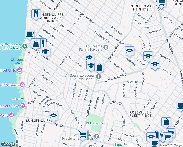 map of restaurants, bars, coffee shops, grocery stores, and more near 1499 Venice Street in San Diego