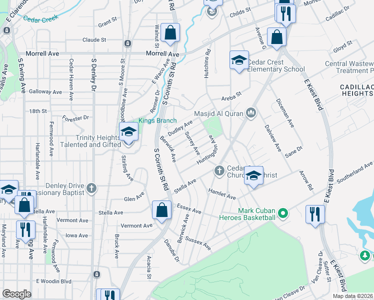 map of restaurants, bars, coffee shops, grocery stores, and more near 1814 Norfolk Avenue in Dallas