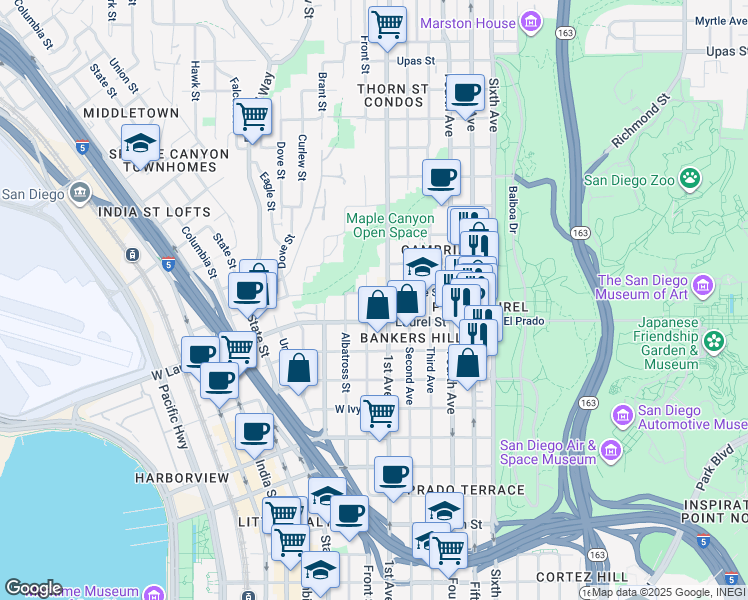 map of restaurants, bars, coffee shops, grocery stores, and more near 2520 Front Street in San Diego