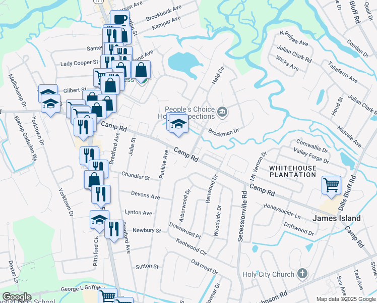 map of restaurants, bars, coffee shops, grocery stores, and more near 1457 Camp Road in Charleston