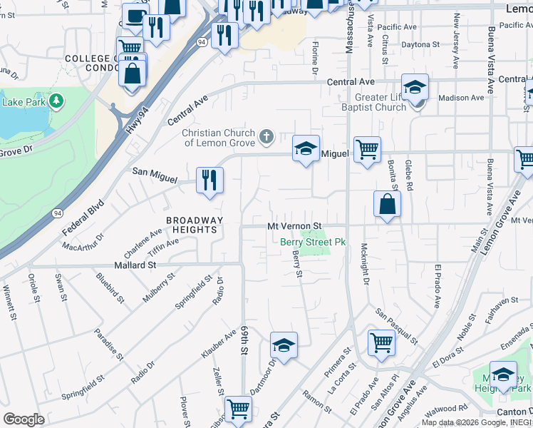 map of restaurants, bars, coffee shops, grocery stores, and more near 6964 Mount Vernon Street in Lemon Grove
