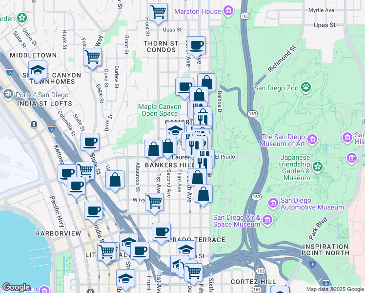 map of restaurants, bars, coffee shops, grocery stores, and more near 2557 3rd Avenue in San Diego