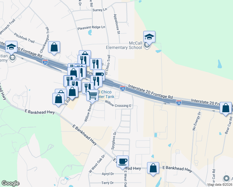 map of restaurants, bars, coffee shops, grocery stores, and more near 5600 Interstate 20 Frontage Road in Willow Park