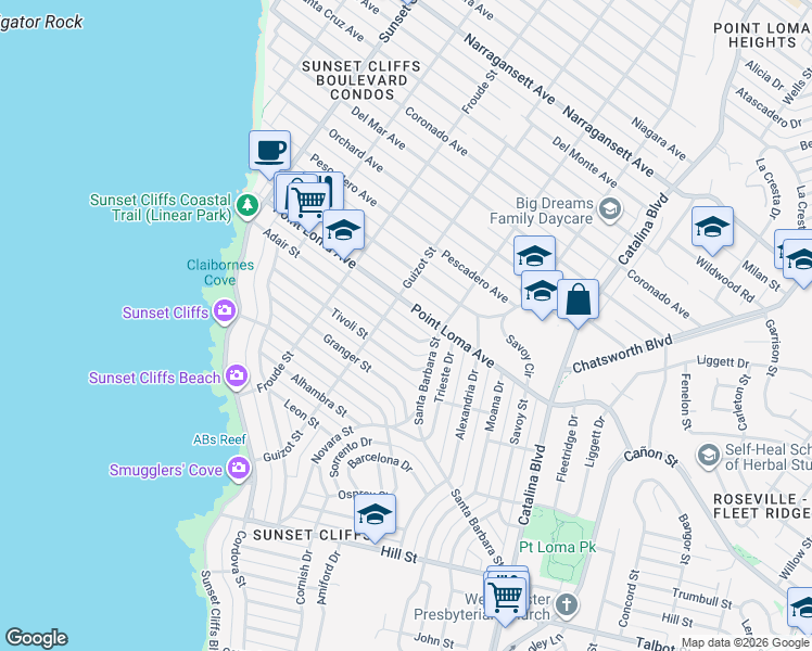 map of restaurants, bars, coffee shops, grocery stores, and more near 4417 Adair Street in San Diego