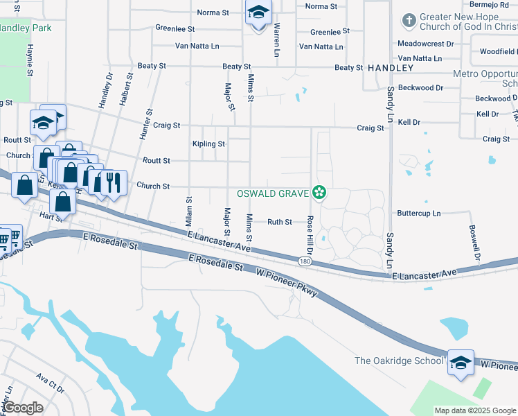 map of restaurants, bars, coffee shops, grocery stores, and more near 3145 Mims Street in Fort Worth