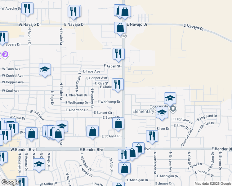 map of restaurants, bars, coffee shops, grocery stores, and more near 500 East Wolfcamp Drive in Hobbs