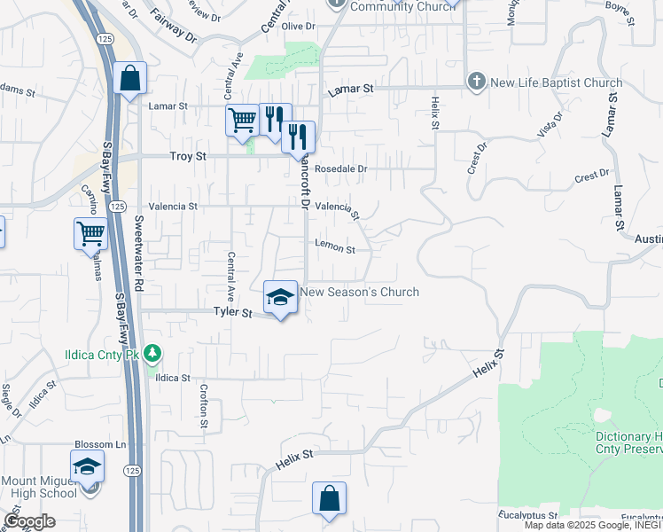map of restaurants, bars, coffee shops, grocery stores, and more near 9080 Avocado Street in Spring Valley