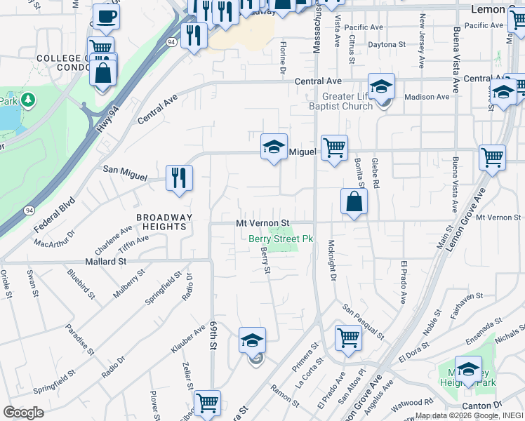 map of restaurants, bars, coffee shops, grocery stores, and more near 7041 Mount Vernon Street in Lemon Grove