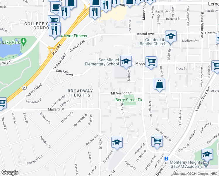 map of restaurants, bars, coffee shops, grocery stores, and more near 6964 Mount Vernon Street in Lemon Grove