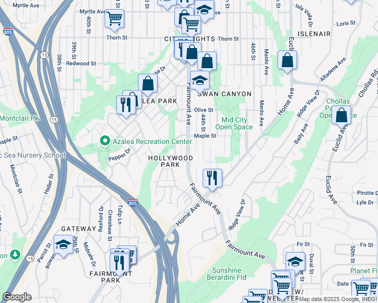 map of restaurants, bars, coffee shops, grocery stores, and more near 4355 Laurel Street in San Diego