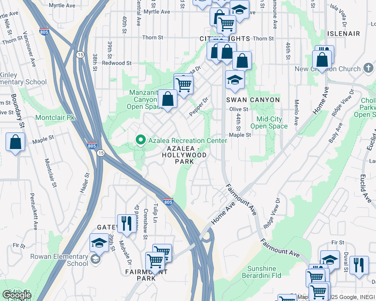 map of restaurants, bars, coffee shops, grocery stores, and more near 2426 Sumac Drive in San Diego
