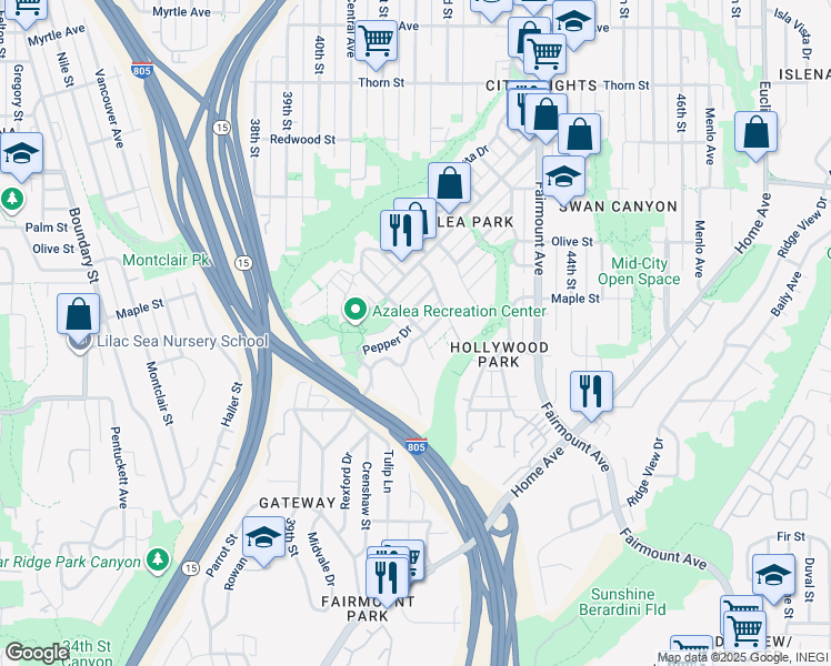 map of restaurants, bars, coffee shops, grocery stores, and more near 4120 Sycamore Drive in San Diego