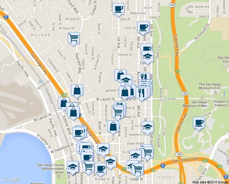 map of restaurants, bars, coffee shops, grocery stores, and more near 2520 Front Street in San Diego