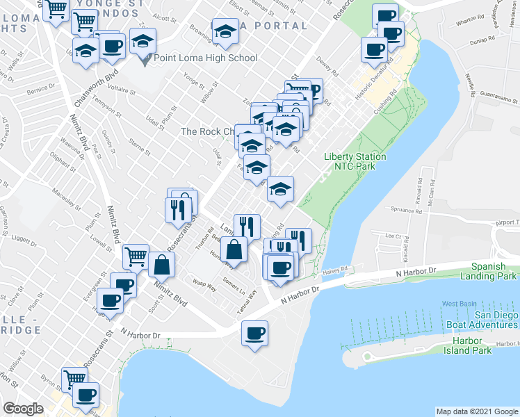 map of restaurants, bars, coffee shops, grocery stores, and more near 2087 Historic Decatur Road in San Diego