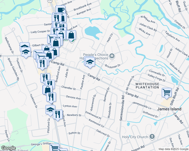 map of restaurants, bars, coffee shops, grocery stores, and more near 1457 Camp Road in Charleston