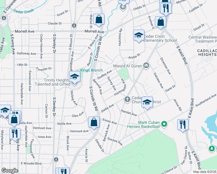 map of restaurants, bars, coffee shops, grocery stores, and more near 1814 Norfolk Avenue in Dallas