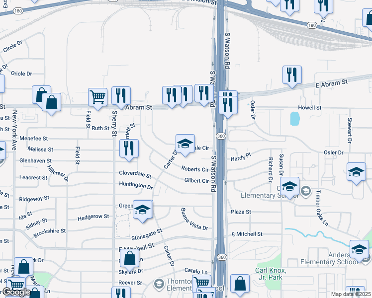 map of restaurants, bars, coffee shops, grocery stores, and more near 2401 Roberts Circle in Arlington