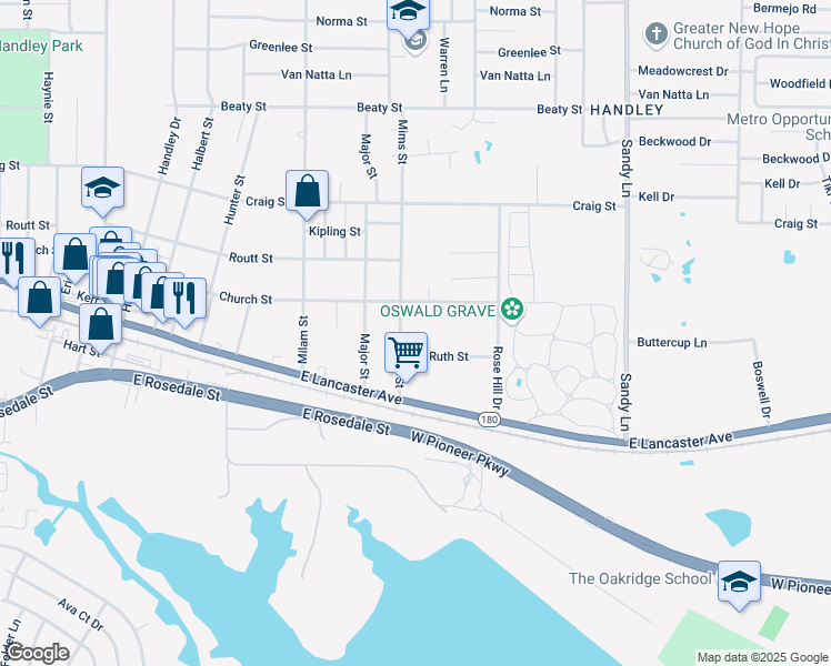 map of restaurants, bars, coffee shops, grocery stores, and more near 3145 Mims Street in Fort Worth