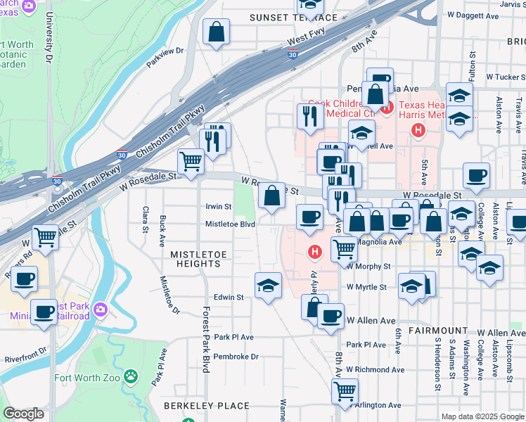 map of restaurants, bars, coffee shops, grocery stores, and more near 1902 Park Place Avenue in Fort Worth