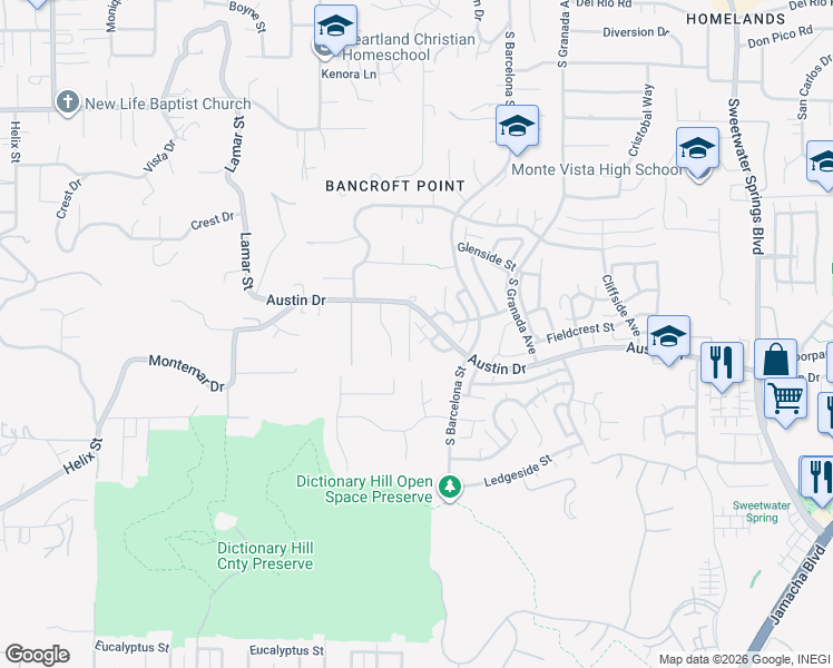 map of restaurants, bars, coffee shops, grocery stores, and more near 2611 Silver Oaks Way in Spring Valley