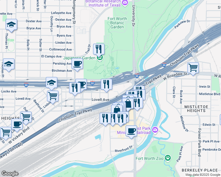 map of restaurants, bars, coffee shops, grocery stores, and more near 3250 Lovell Avenue in Fort Worth