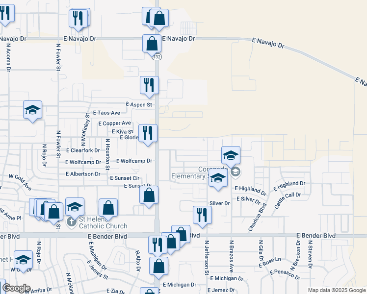 map of restaurants, bars, coffee shops, grocery stores, and more near 1023 East Glorietta Drive in Hobbs
