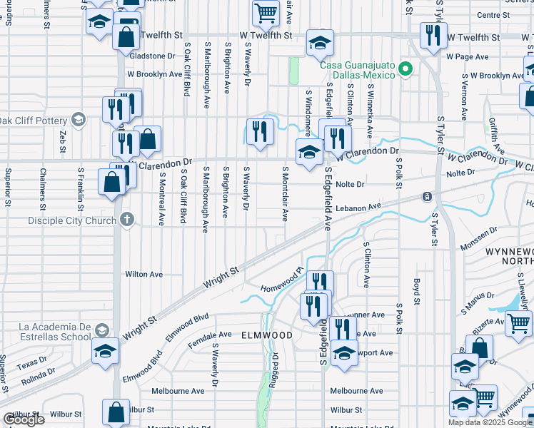 map of restaurants, bars, coffee shops, grocery stores, and more near 1620 Brandon Street in Dallas